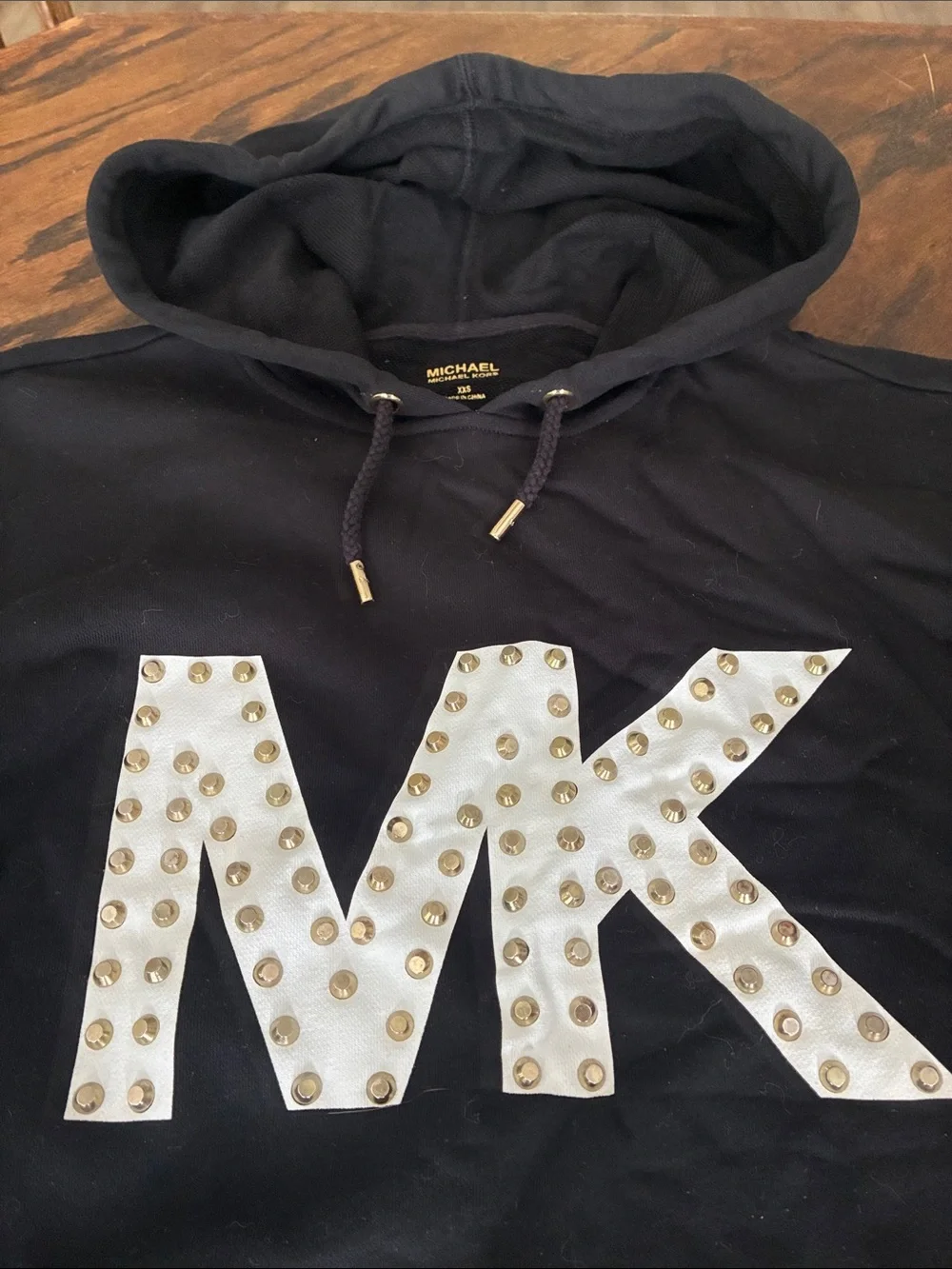 Michael Kors Black Hooded Sweatshirt Dress with Studded MK Logo